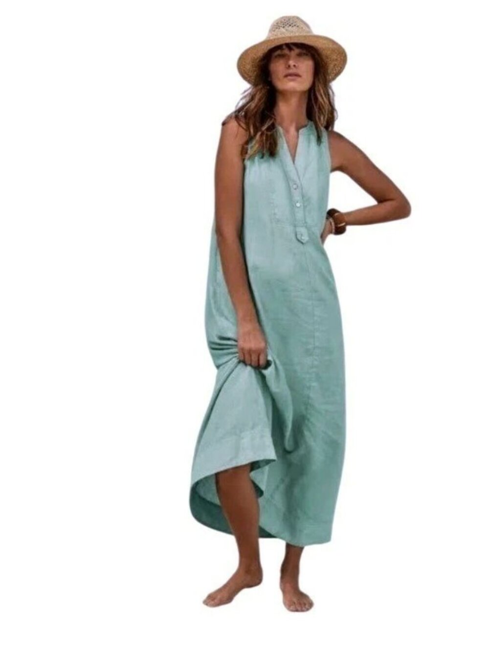 Coastal Beach Boho Minimal J. Jill Sleeveless Aqua Blue Linen Maxi Dress Medium